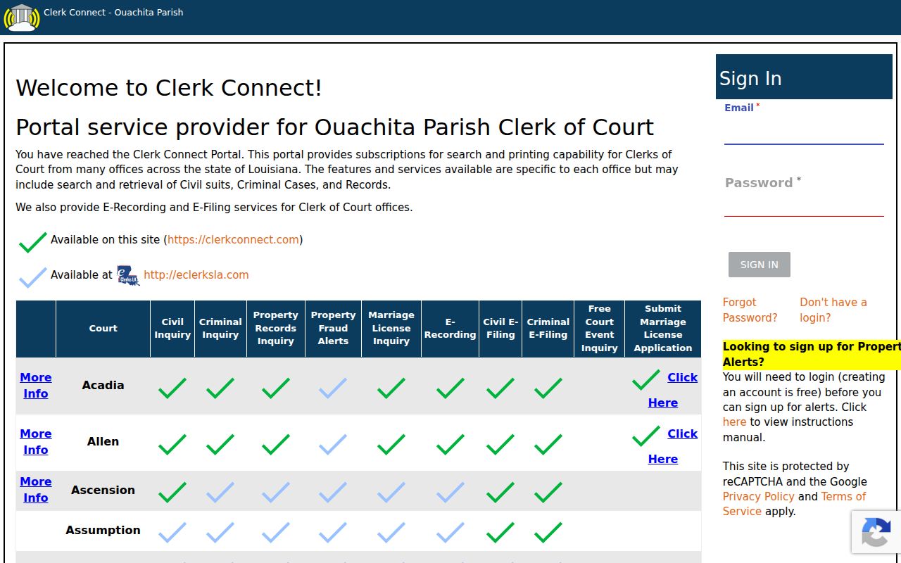 Ouachita Docket Search Clerk Connect court records e-file access screen