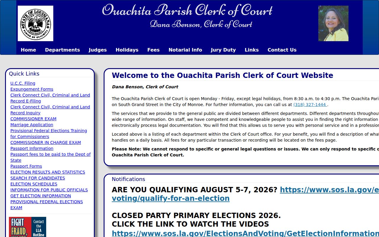 Ouachita Parish court docket clerk homepage with inquiry and record links