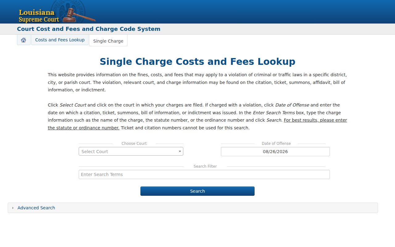 Ouachita traffic court charge code search fields for court and offense date